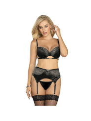 SUBBLIME - Ensemble 3 Pièces Soutien-gorge + String + Jarretière Dentelle Noir