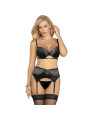 SUBBLIME - Ensemble 3 Pièces Soutien-gorge + String + Jarretière Dentelle Noir