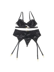 SUBBLIME - Ensemble 3 Pièces Soutien-gorge + String + Jarretière Dentelle Noir