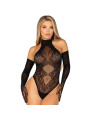LEG AVENUE – Ensemble Body Dos Ouvert Dentelle + Gants Extra Longs – Taille Unique